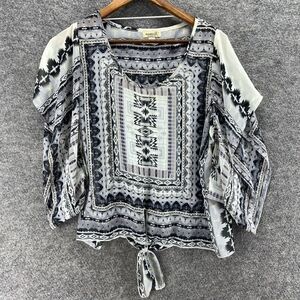 One World Blouse Women L Large Black Striped Short Sleeve Pullover Casual